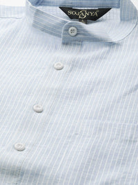 SOJANYA Men Blue & White Pure Cotton Striped Kurta
