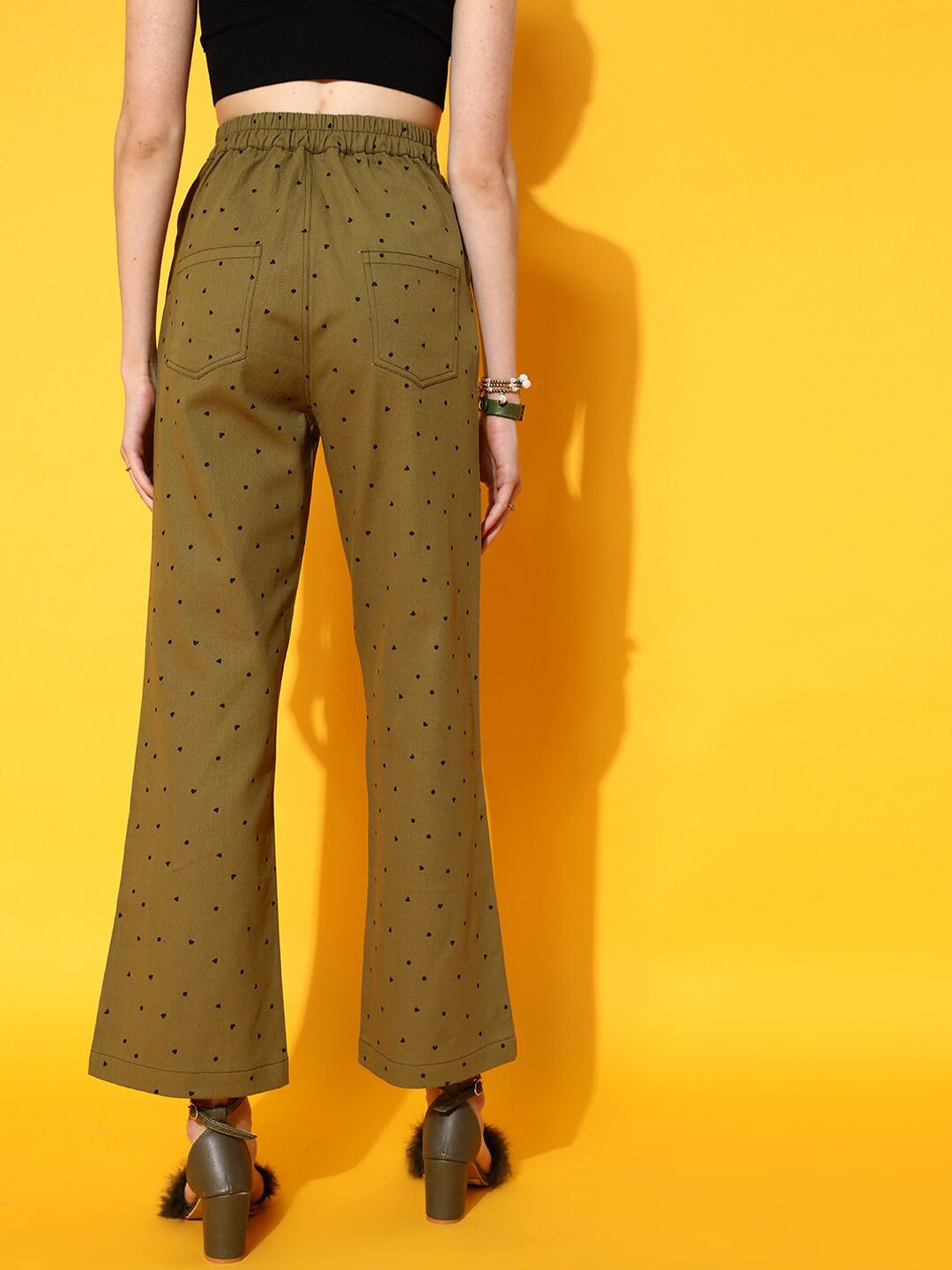 STREET 9 Women Olive Green Smart Flared High-Rise Trousers