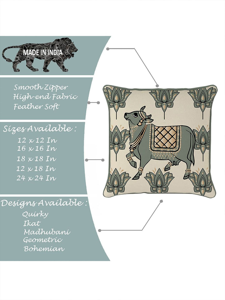 STITCHNEST Cream & Olive Green Set of 5 Ethnic Motifs Velvet Square Cushion Covers
