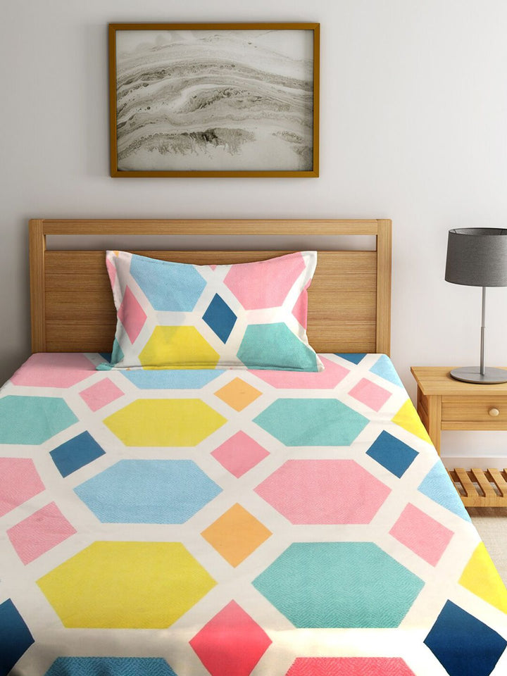 KLOTTHE Set Of 2 Multicoloured Geometric 210 TC Single Bedsheet With 2 Pillow Covers