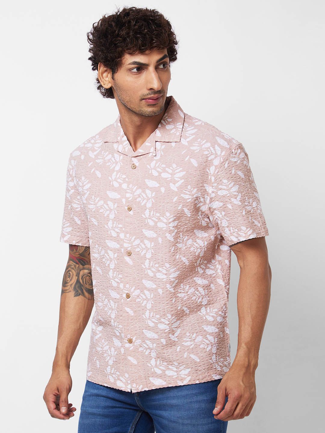 SPYKAR Floral Printed Cuban Collar Cotton Casual Shirt