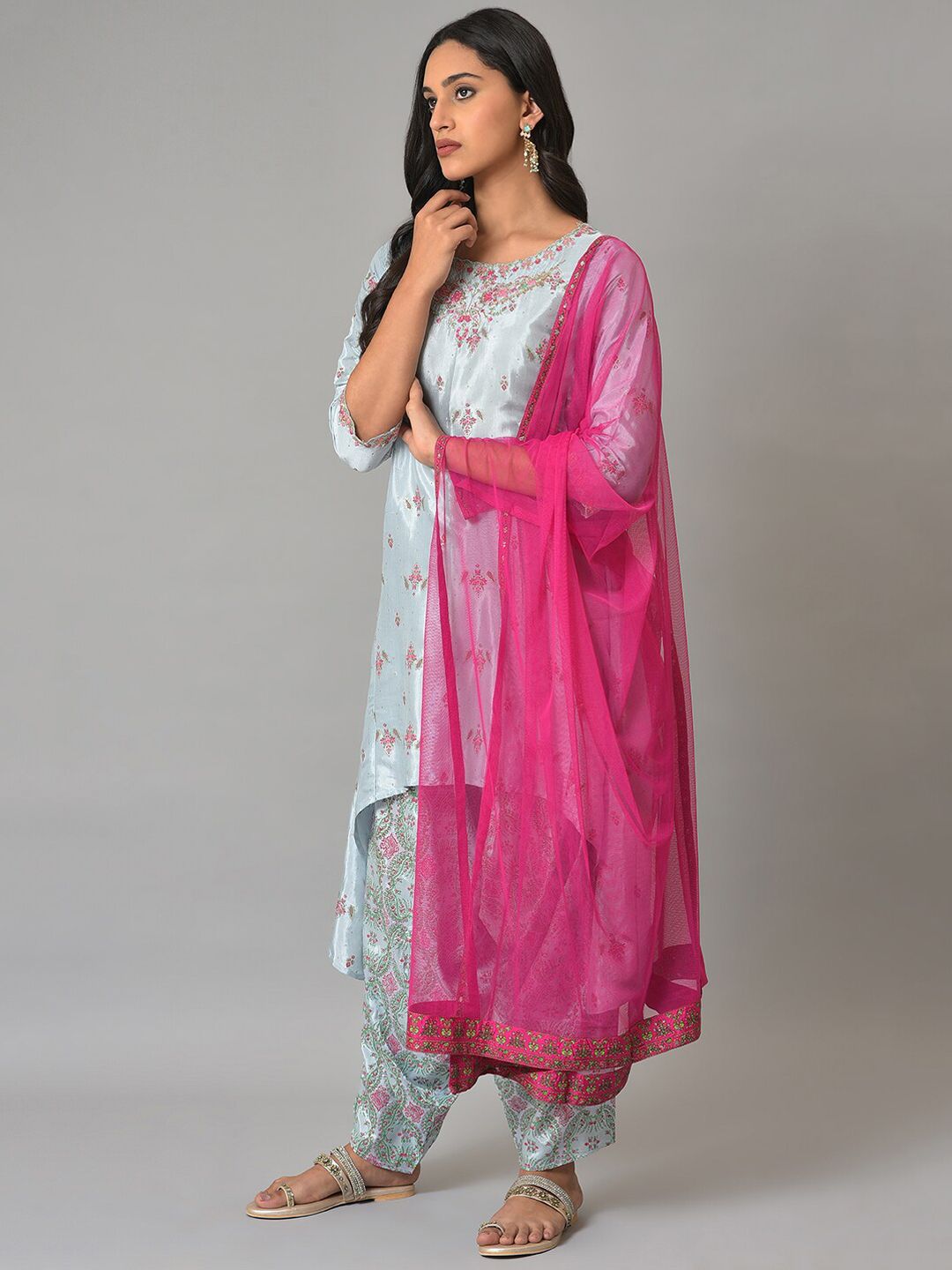 W Festive Floral Print Rayon Kurta With Salwar & Dupatta