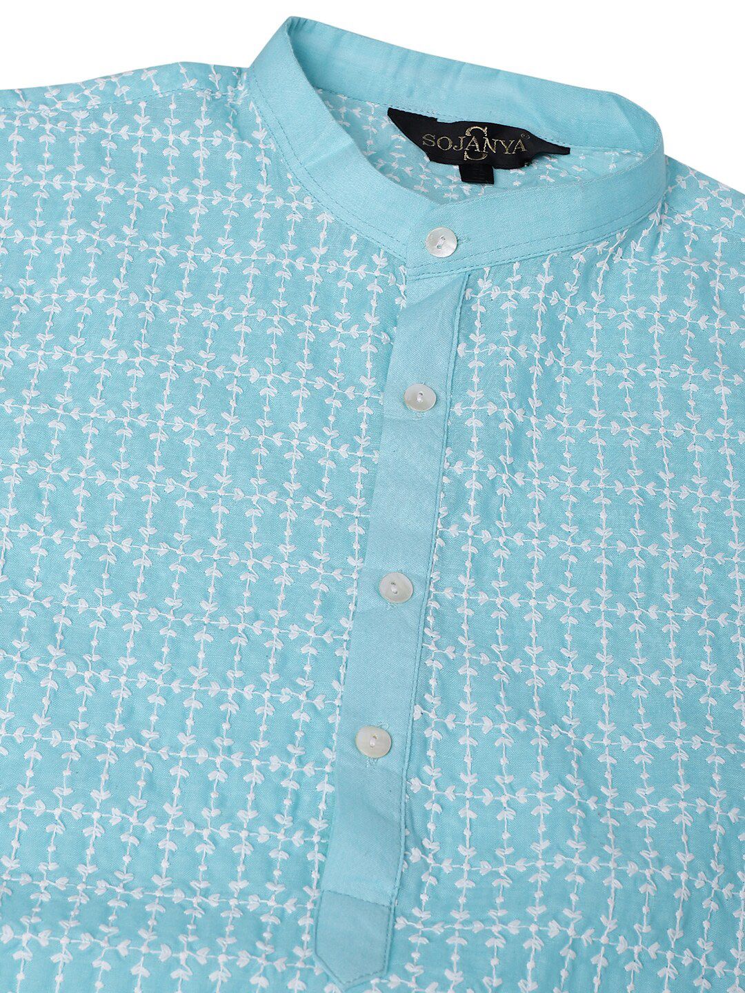 SOJANYA Kolar Mandarin Sulam Bunga Pure Cotton Kurta Lurus