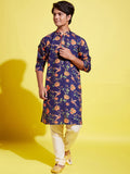 VASTRAMAY Boys Navy Blue Floral Printed Gotta Patti Kurta with Pyjamas