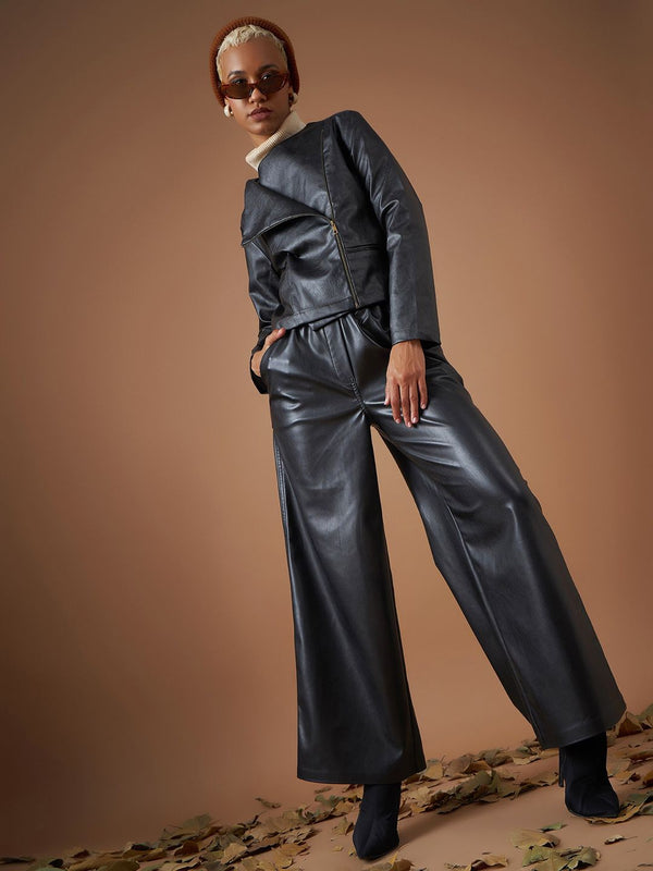 SASSAFRAS Black Collarless Asymmetric Closure Biker Jacket