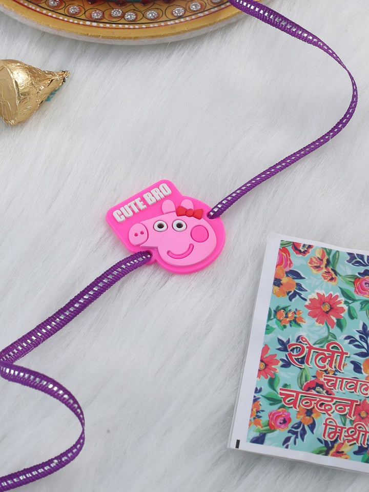 Rakhi Kanak-kanak Watak Kartun Merah Jambu Bergaya NVR dengan Roli Chawal Chandan &amp; Mishri