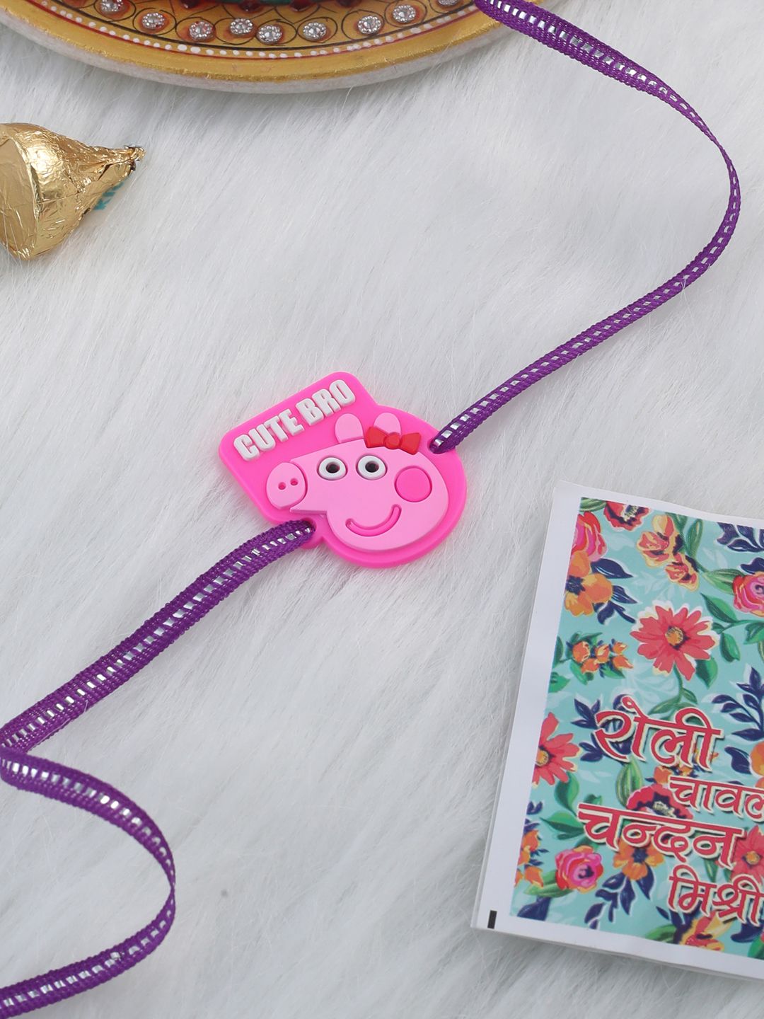 Rakhi Kanak-kanak Watak Kartun Merah Jambu Bergaya NVR dengan Roli Chawal Chandan &amp; Mishri