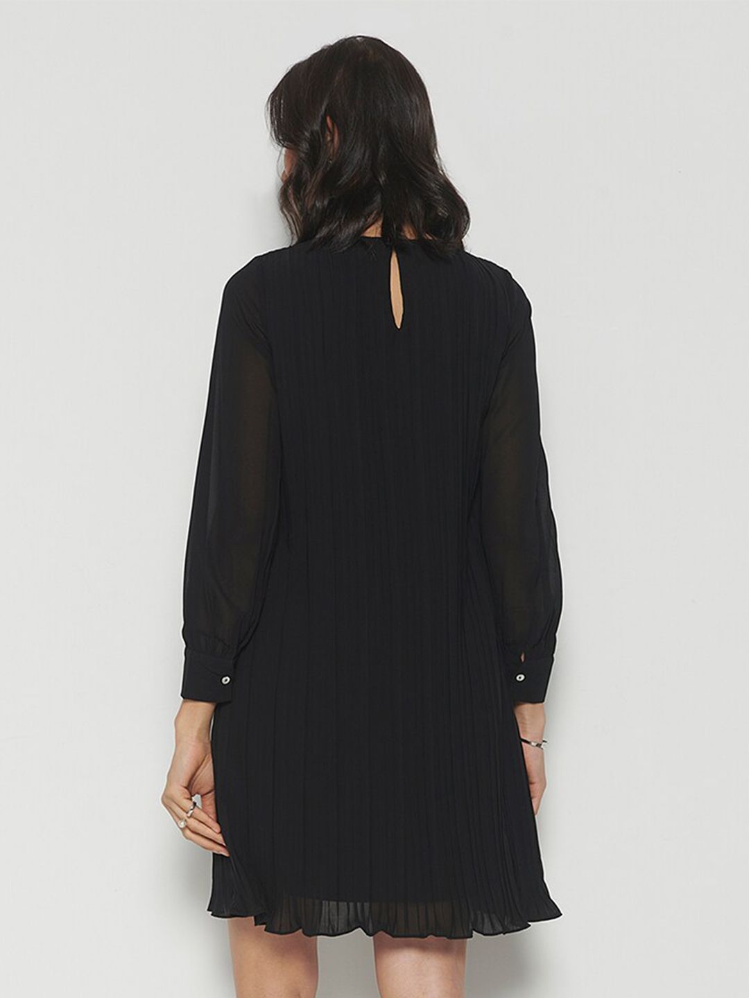AND Cuffed Sleeves Accordion Pleated A-Line Dress