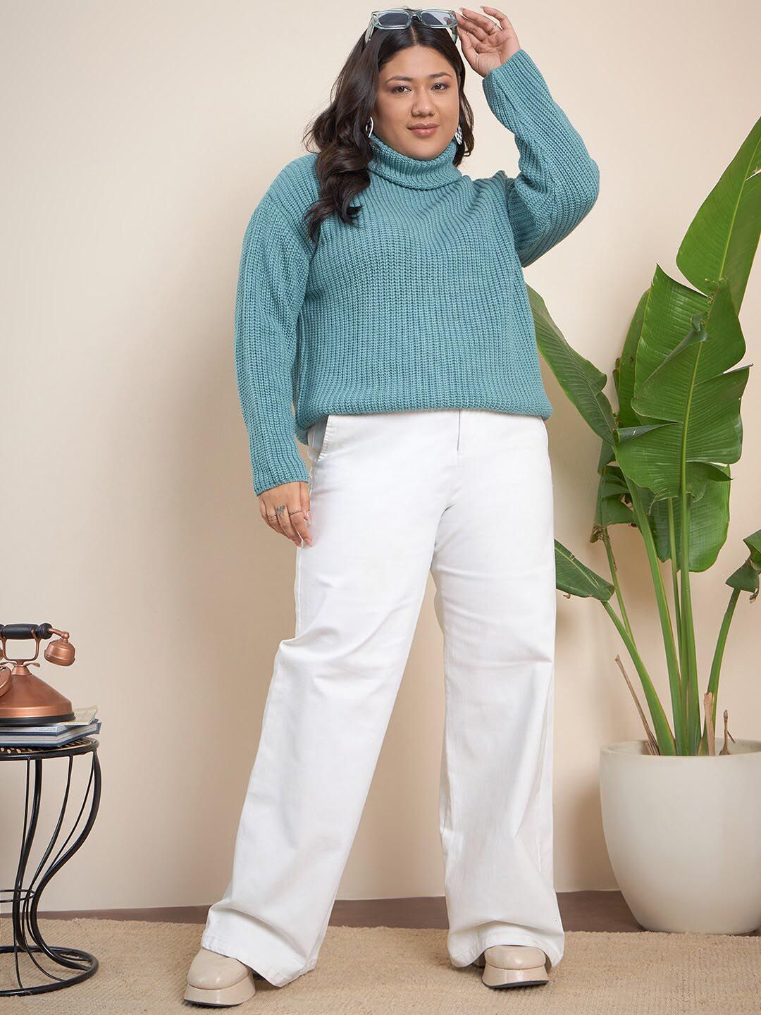 CURVY STREET Plus Size Ribbed Turtle Neck Pure Acrylic Pullover