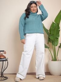 CURVY STREET Plus Size Ribbed Turtle Neck Pure Acrylic Pullover