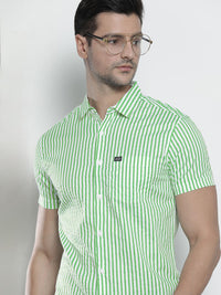 The Indian Garage Co Men Green Comfort Striped Cotton Casual Shirt