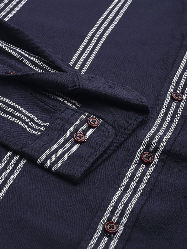 Mr Bowerbird Men Navy Blue Tailored Fit Striped Casual Shirt
