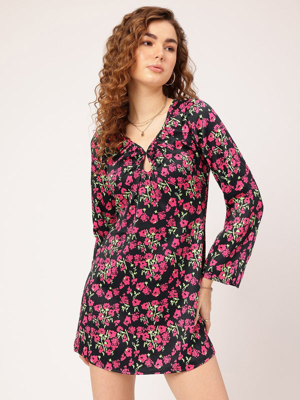 DressBerry Floral Keyhole Neck Flared Sleeve Sheath Mini Dress