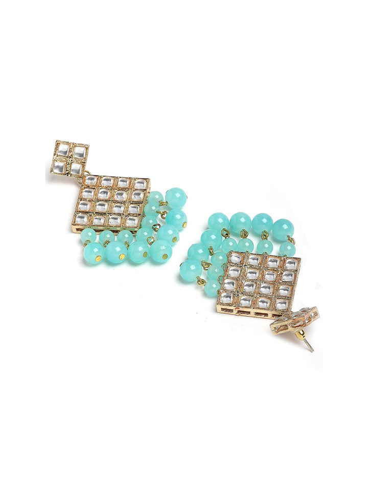 KARATCART Gold-Plated White & Blue Kundan-Studded & Beaded Jewellery Set
