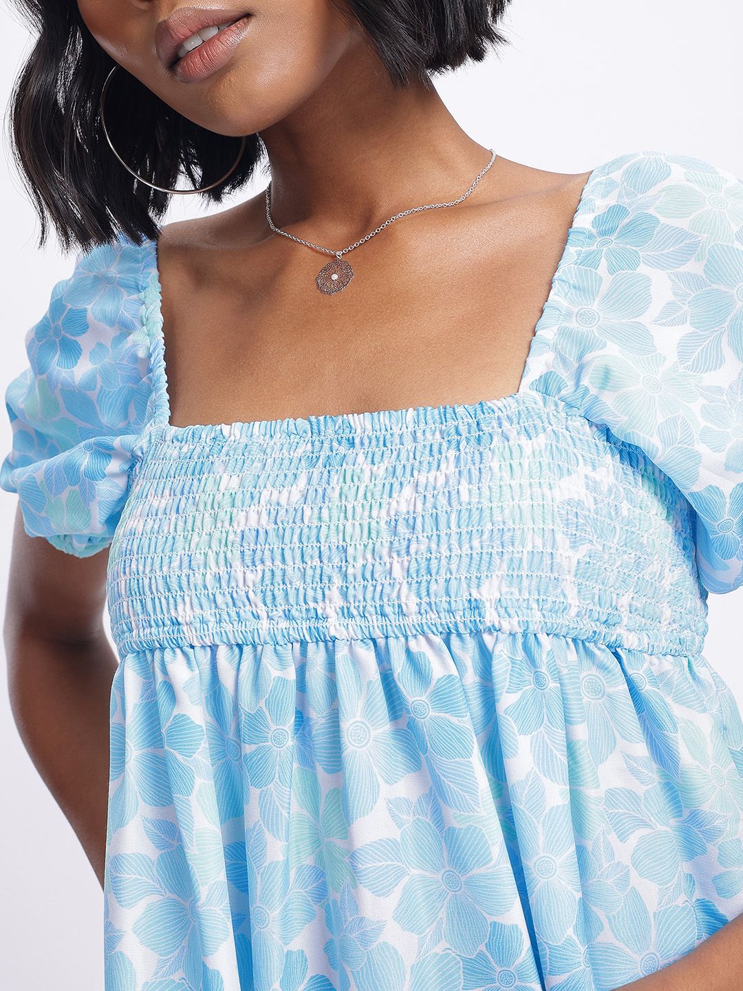 DressBerry Smocked Floral Print Mini A-line Dress