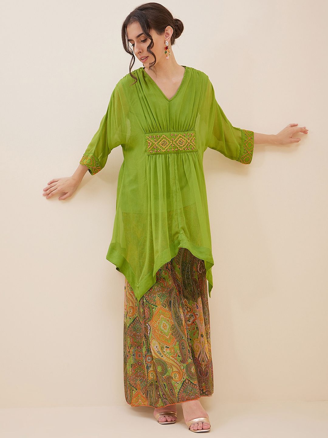 Antheaa Thread Work Kaftan Top With Palazzos