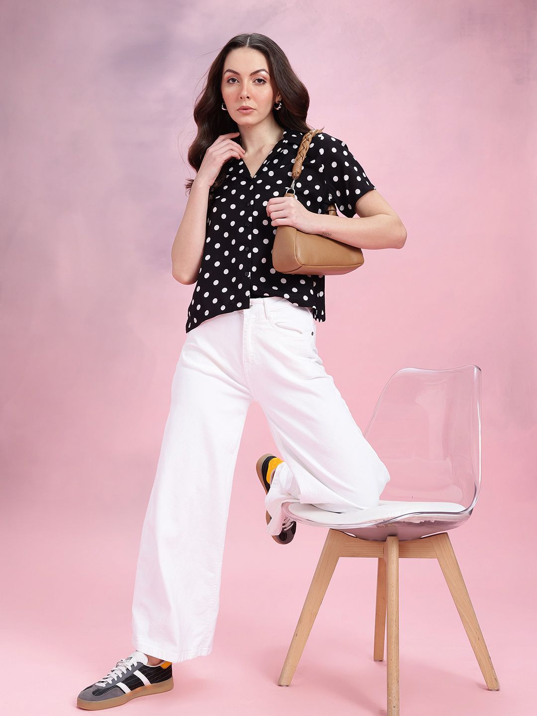 DressBerry Polka Dots Print Cuban Collar Opaque Casual Shirt