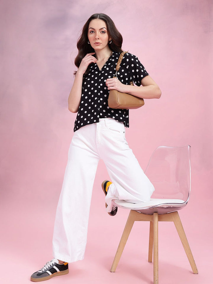 DressBerry Polka Dots Print Cuban Collar Opaque Casual Shirt