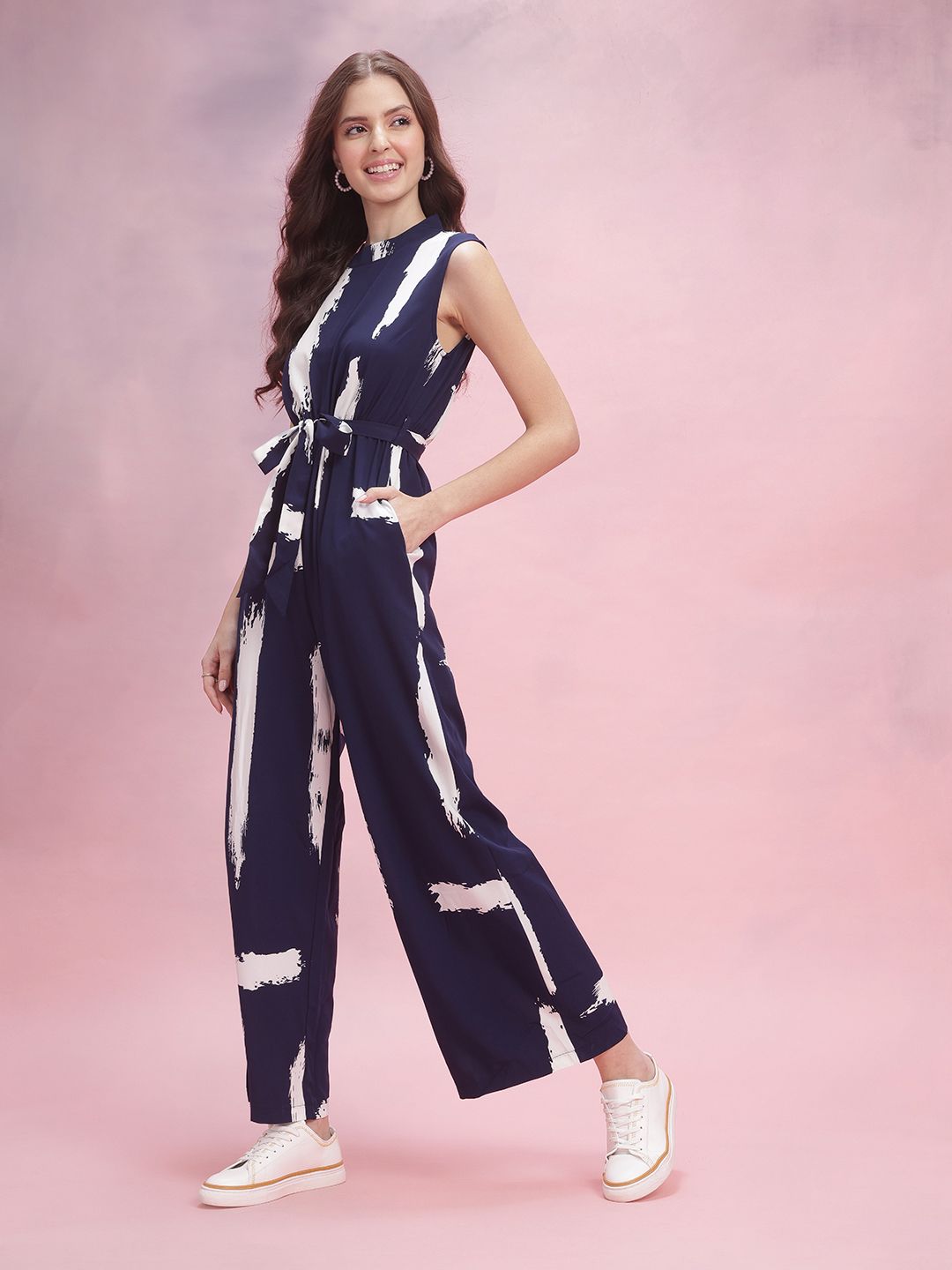 DressBerry Abstract Printed Waist Tie-Ups Flared Jumpsuit