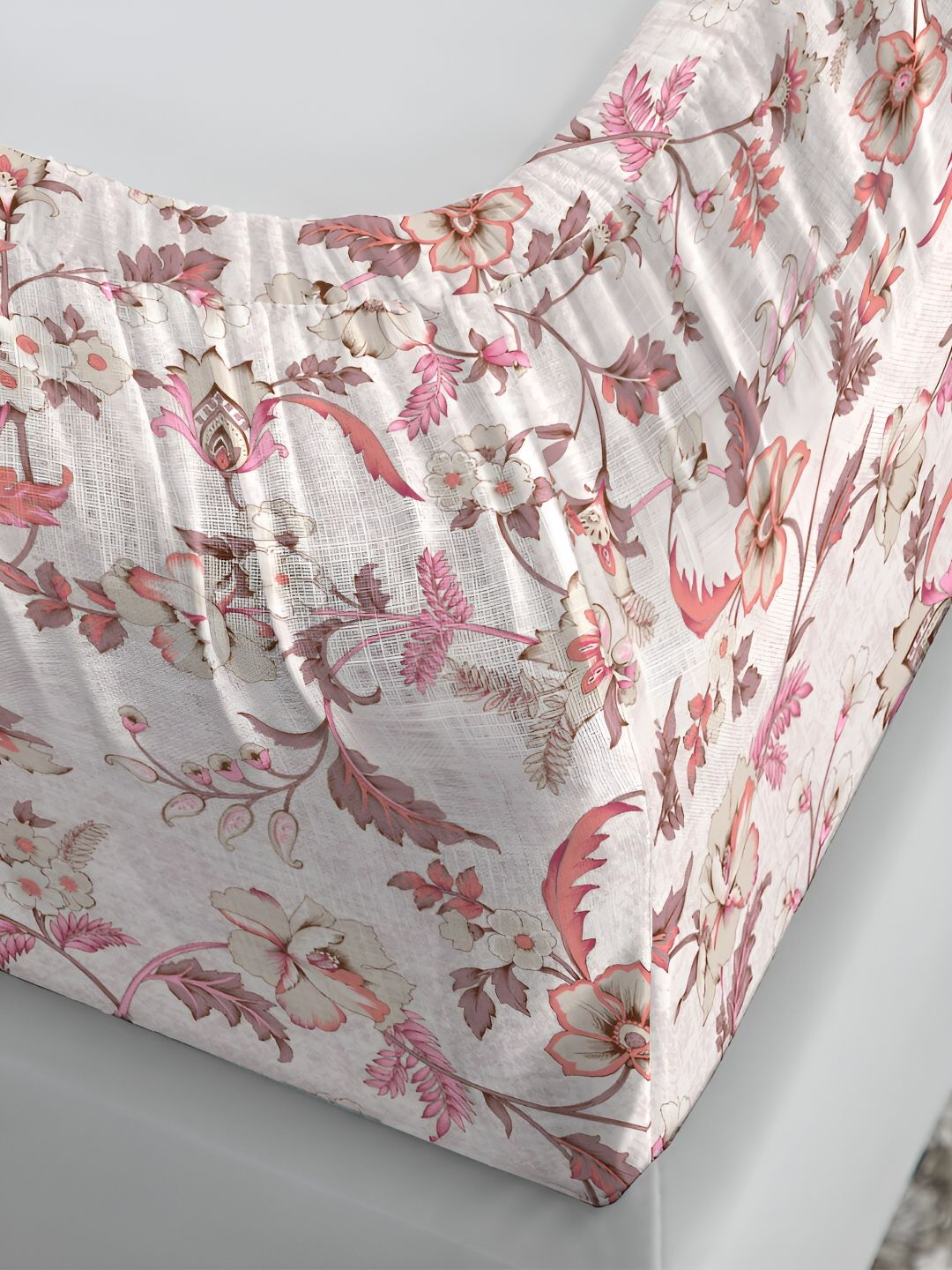 MYTRIDENT White & Peach Floral 210 TC Cotton Fitted King Bedsheet with 2 Pillow Covers