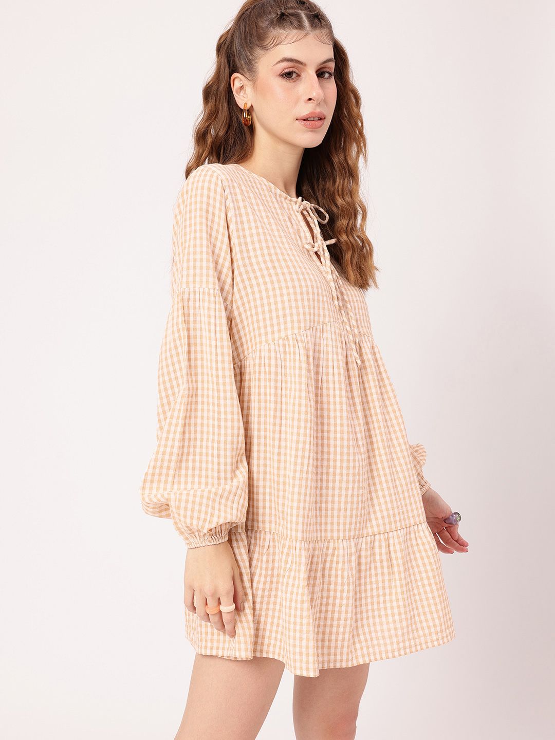 DressBerry Preppy Chic Checked Tie-Up Neck A-line Mini Dress