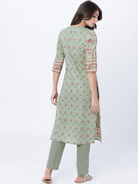 Vishudh Women Olive Green & Pink Printed Straight Kurta