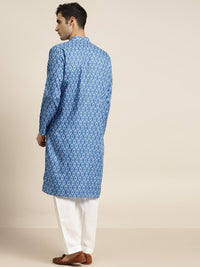 SOJANYA Men Blue & White Geometric Printed Straight Pure Cotton Kurta