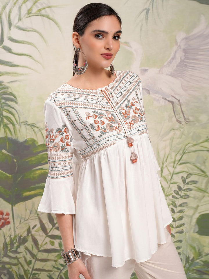 Vishudh White Floral Embroidered Tie-Up Neck Flared Sleeves Short A-Line Top