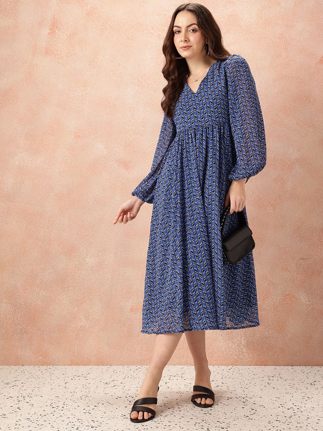 all about you Geometric Print Puff Sleeve Fit & Flare Midi Dress