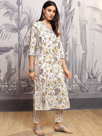 Vishudh Women Ethnic Motifs Printed Regular Pure Cotton Kurta with Trousers & With Dupatta