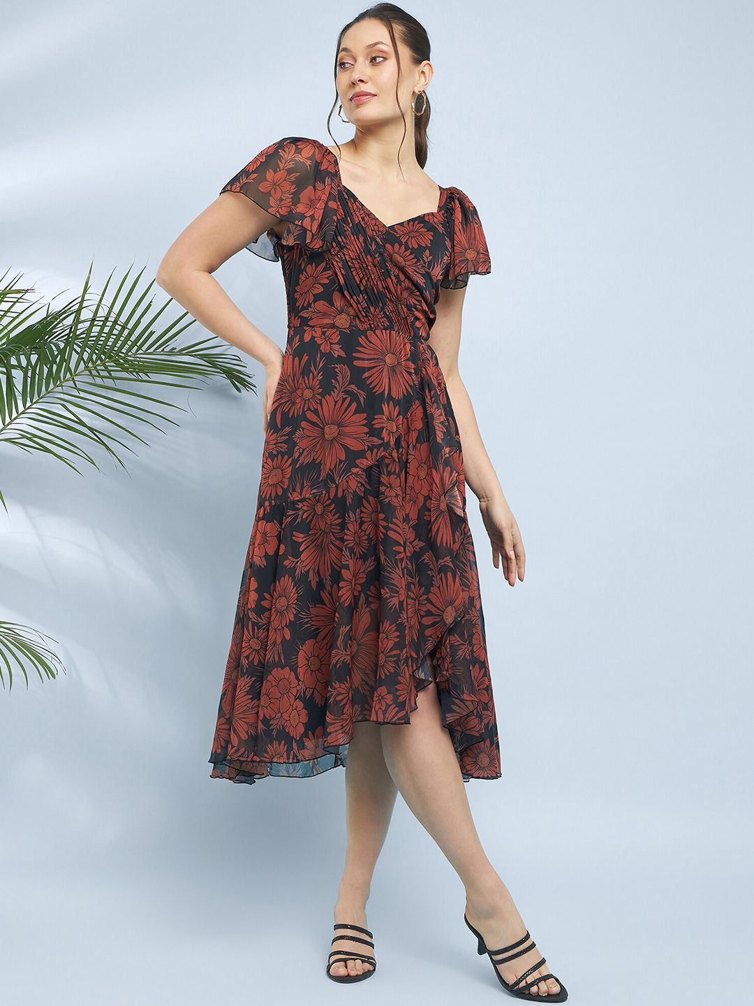 Antheaa Floral Printed Chiffon Fit & Flare Midi Dress