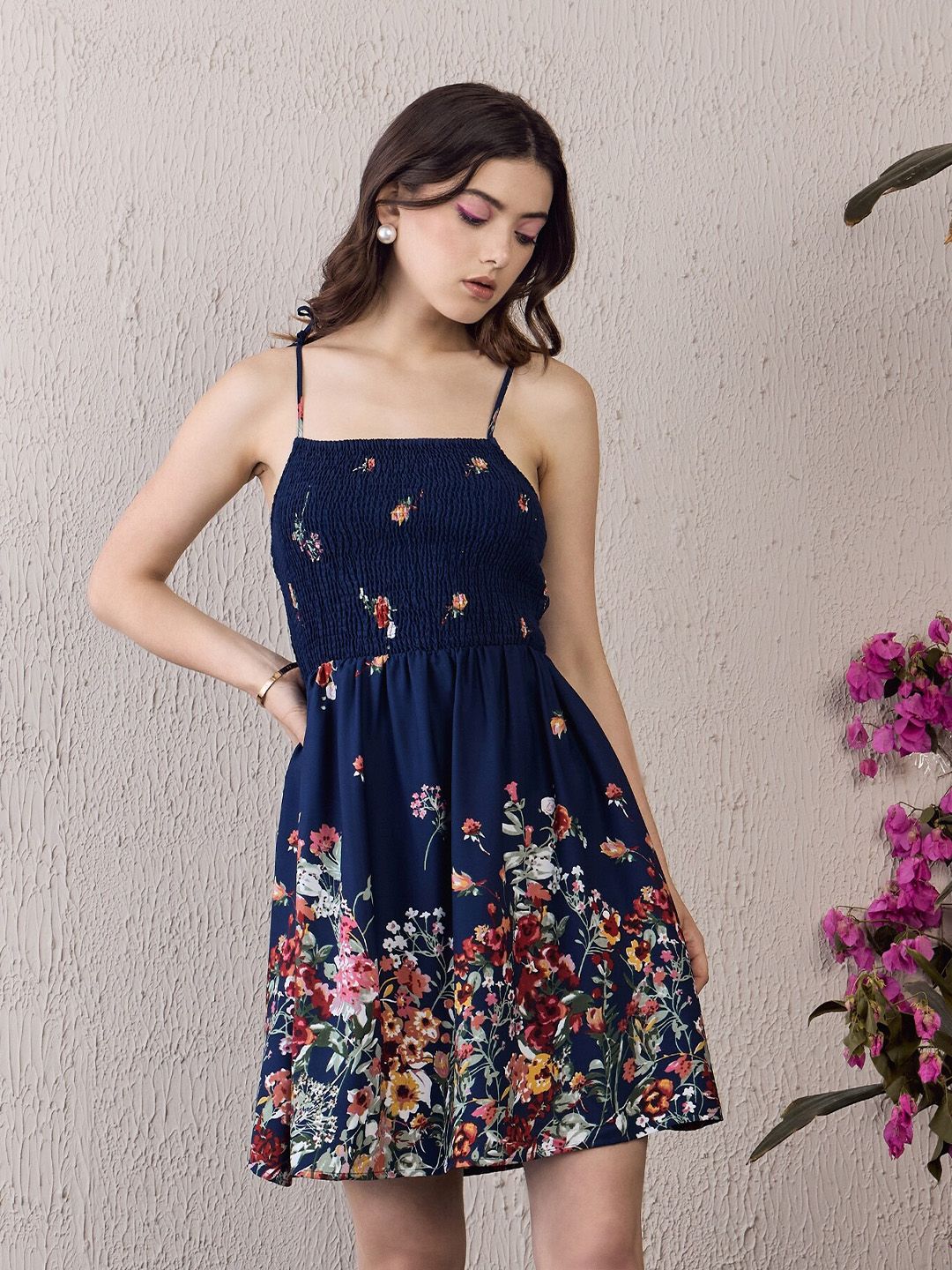 Berrylush Floral Printed Shoulder Straps Fit and Flare Mini Dress