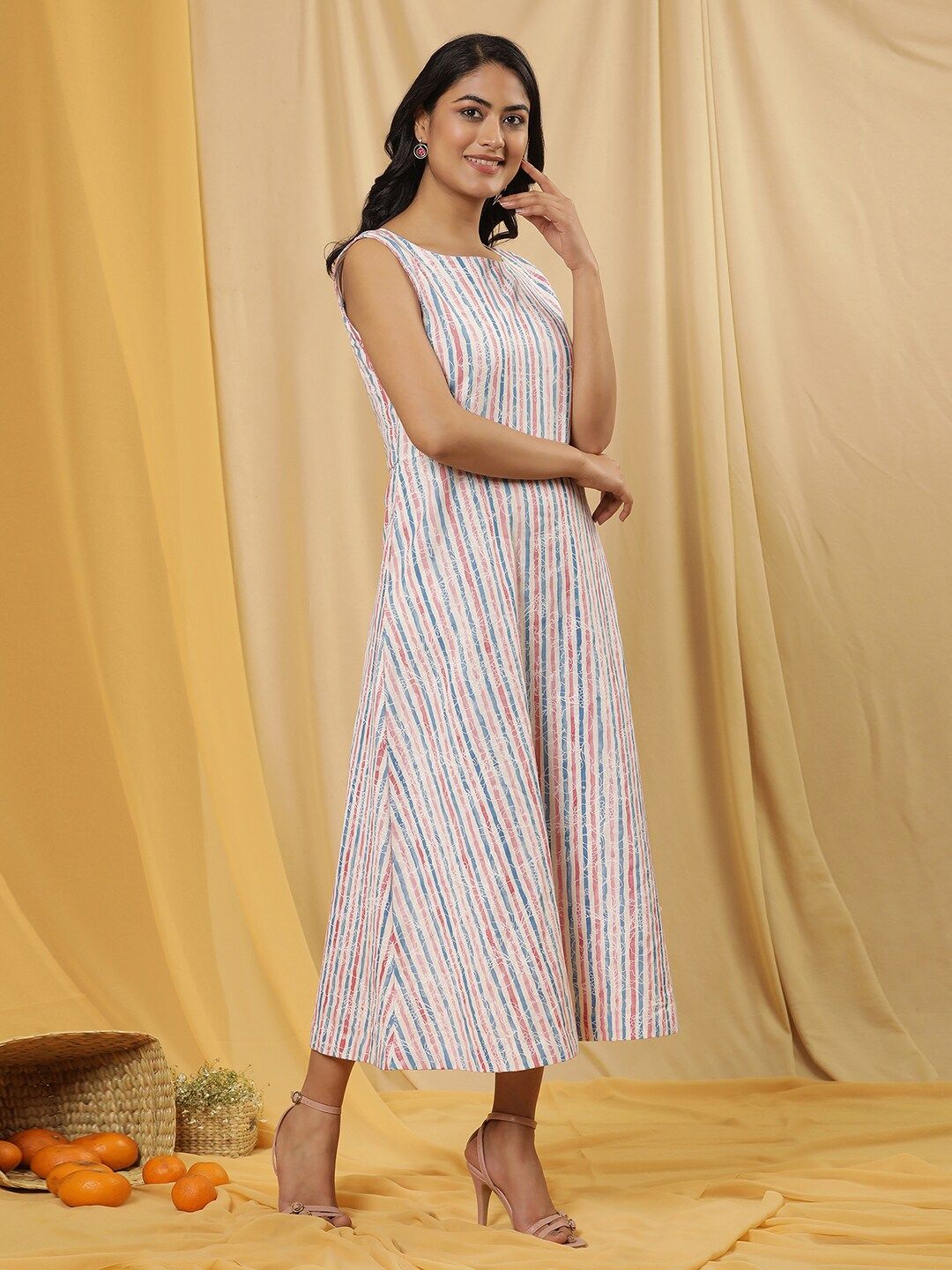 W Striped Boat Neck A-Line Dress