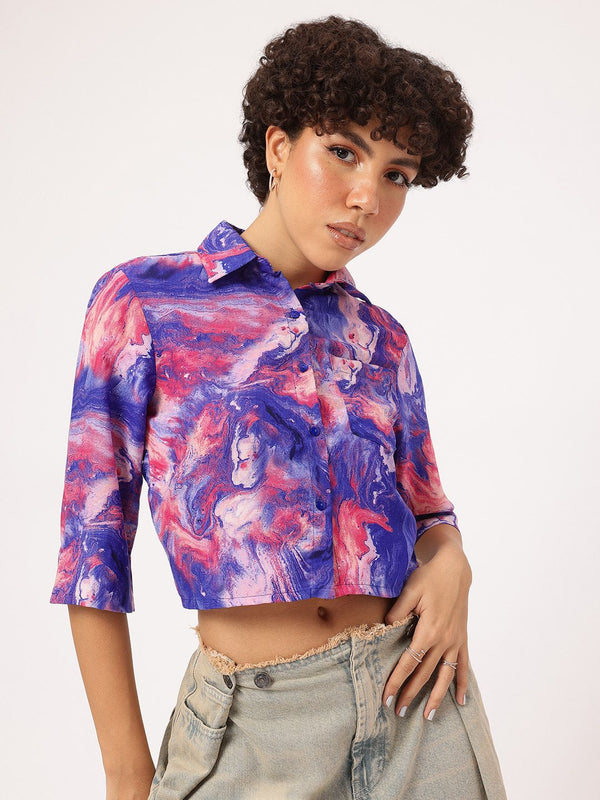 DressBerry Abstract Print Chest Pocket Crop Shirt