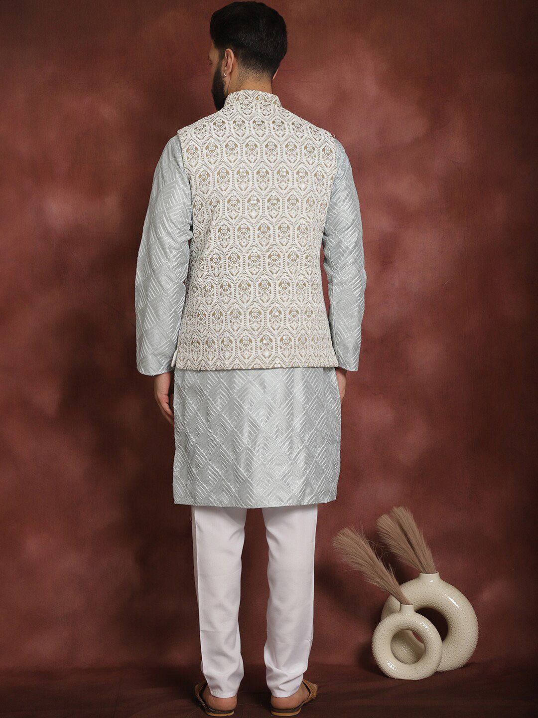 Anouk Embroidered Regular Thread Work Kurta With Churidar & Nehru Jacket