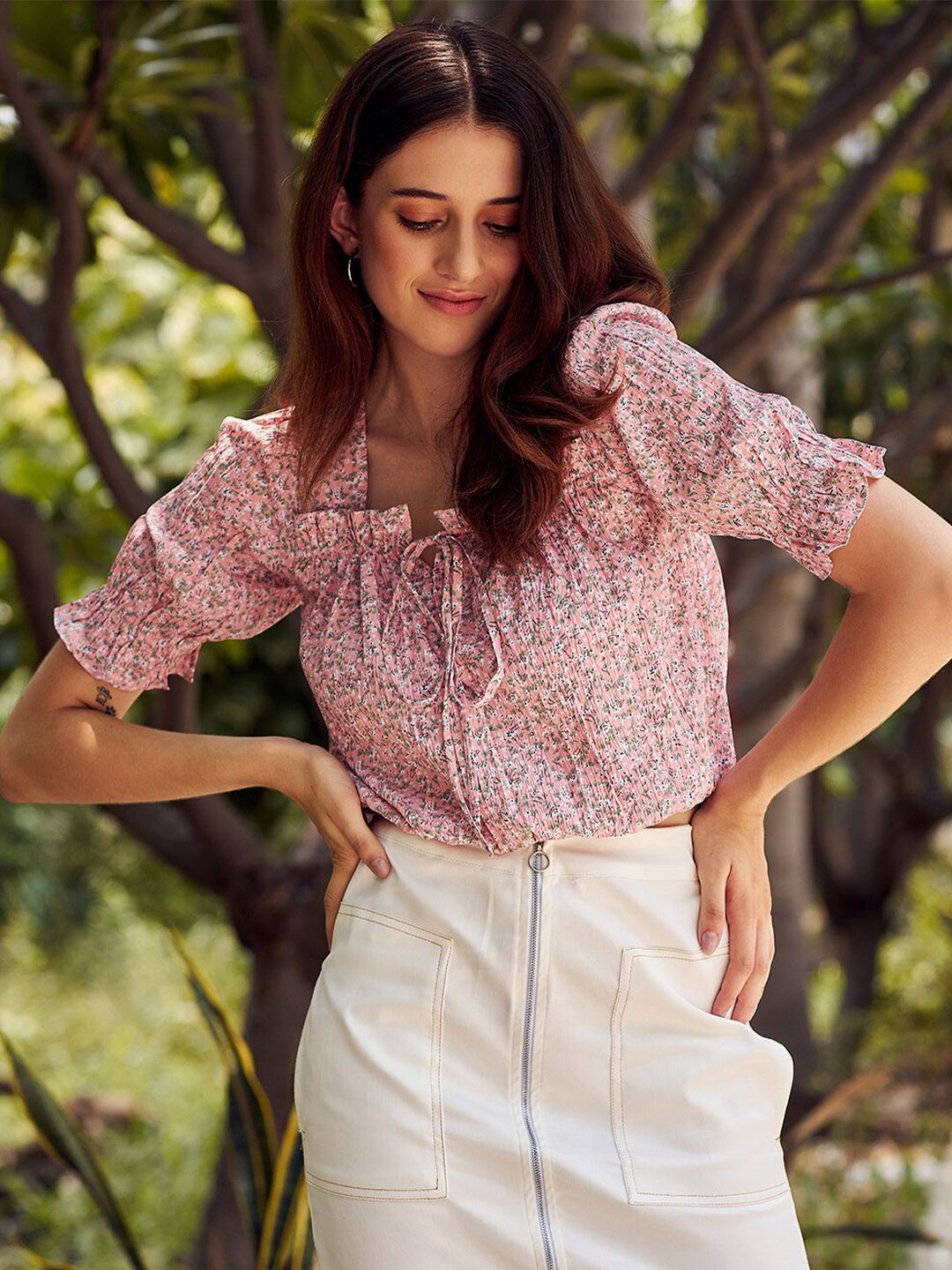 Athena Women Peach-Coloured Floral Printed Tie-Up Neck Top