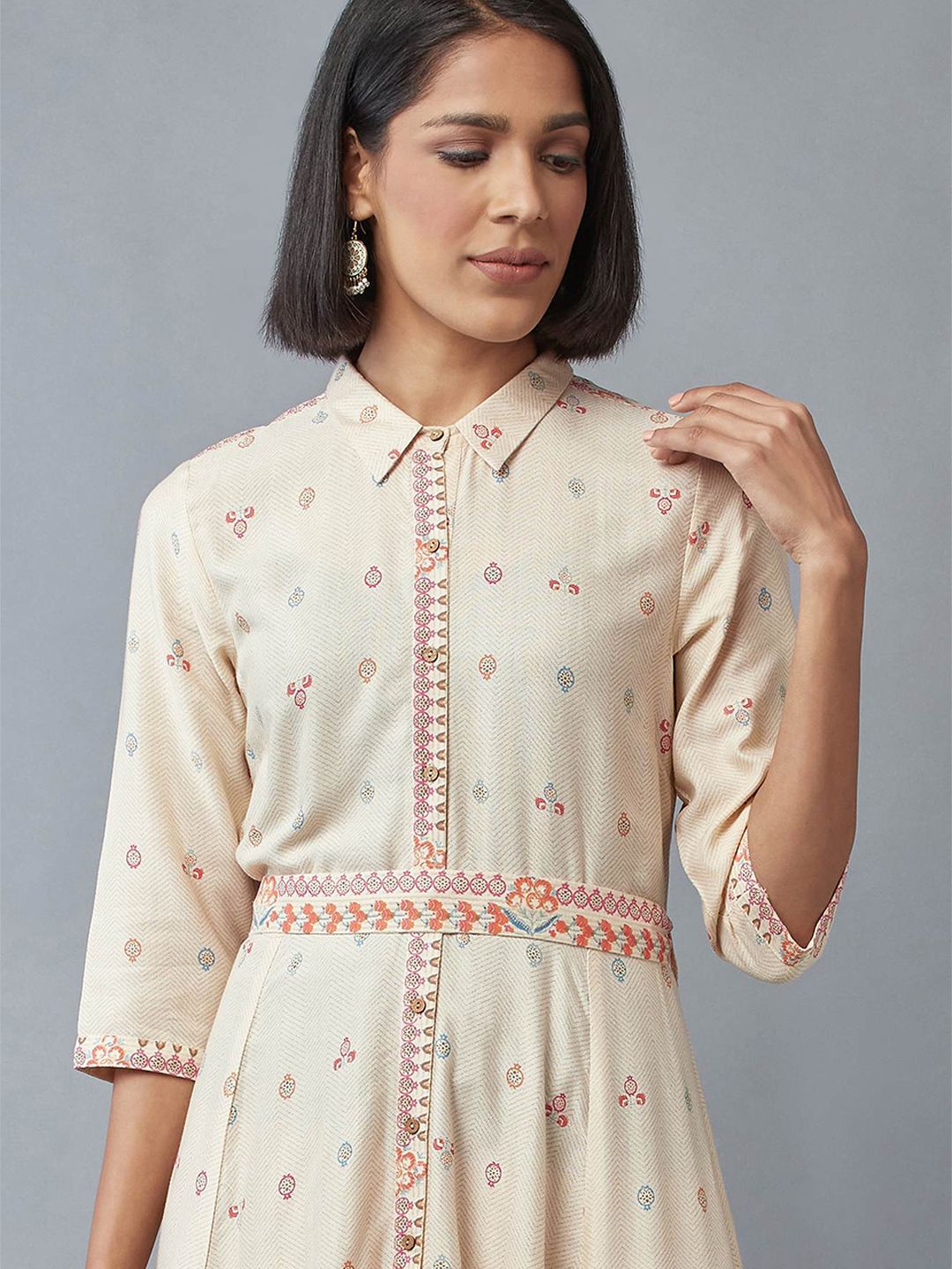 W White Ethnic Motifs Shirt Midi A-Line Dress