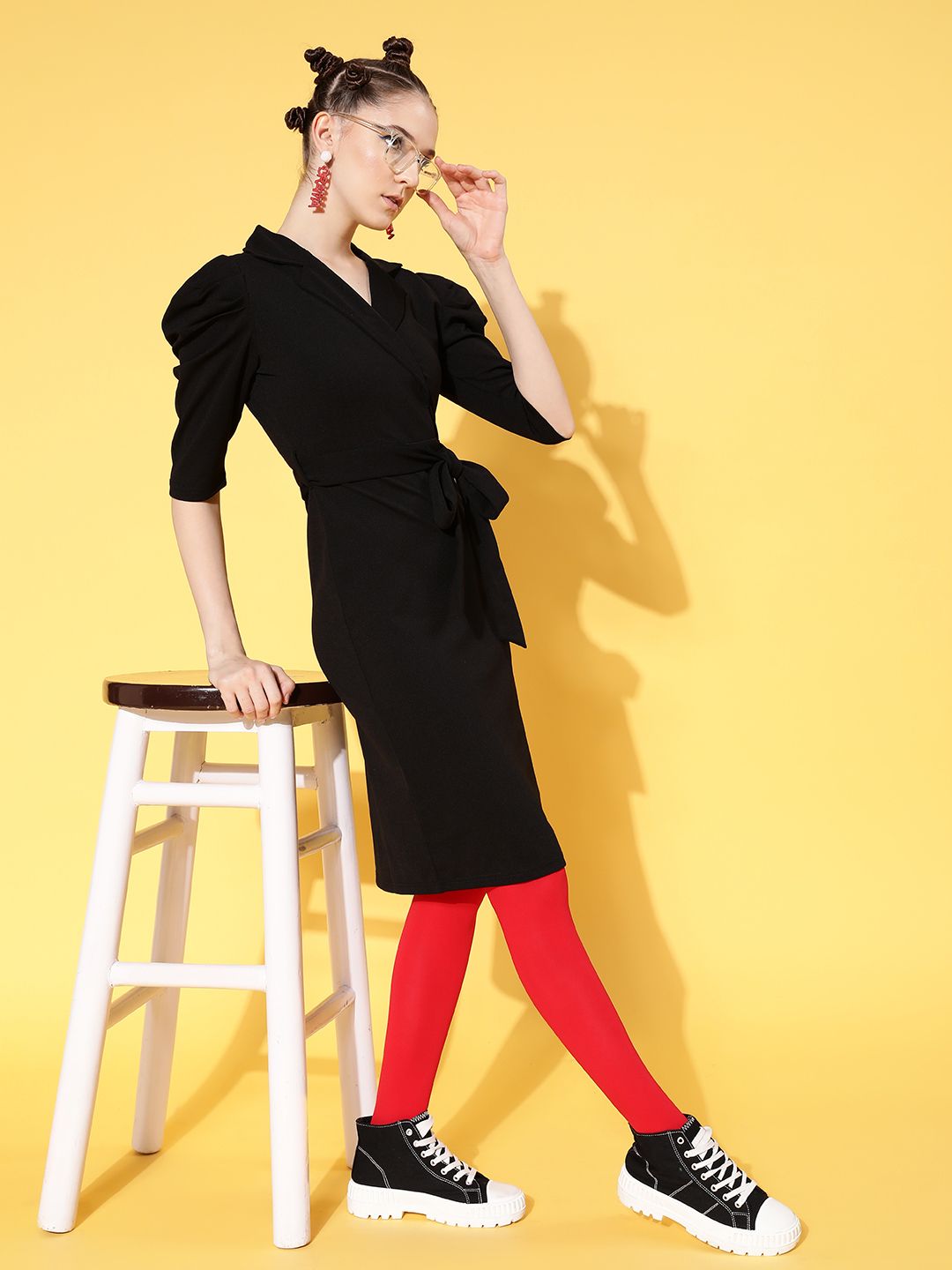 SASSAFRAS Black Solid Wrap Bodycon Dress