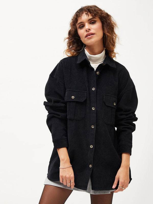 SASSAFRAS Oversized Self Designed Cutaway Collar Pure Cotton Corduroy Casual Shirt