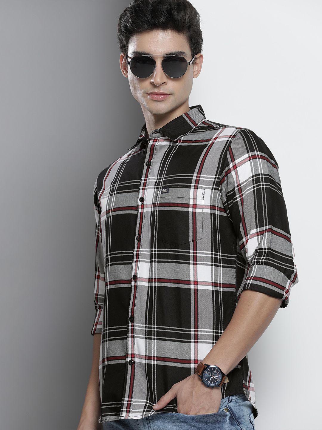 The Indian Garage Co Men Black & White Tartan Checks Checked Cotton Casual Shirt
