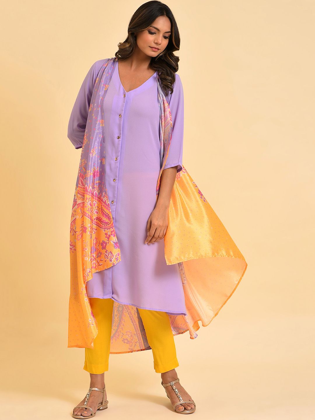 W Purple V-Neck Ethnic Motifs Printed Layered Kurta