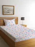 KLOTTHE White Floral Polycotton 300 TC Fitted Single Fine Bedsheet with a Pillow Cover-87 x 59 inches