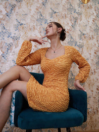 Athena Yellow Self Design Textured Sweatheart Neck Bodycon Dress