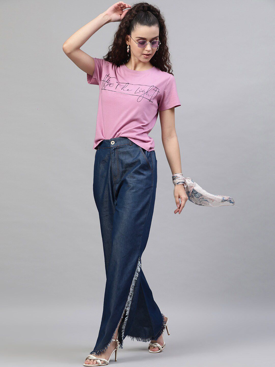 STREET 9 Women Blue Tapered Fit Solid Denim Cotton Regular Trousers
