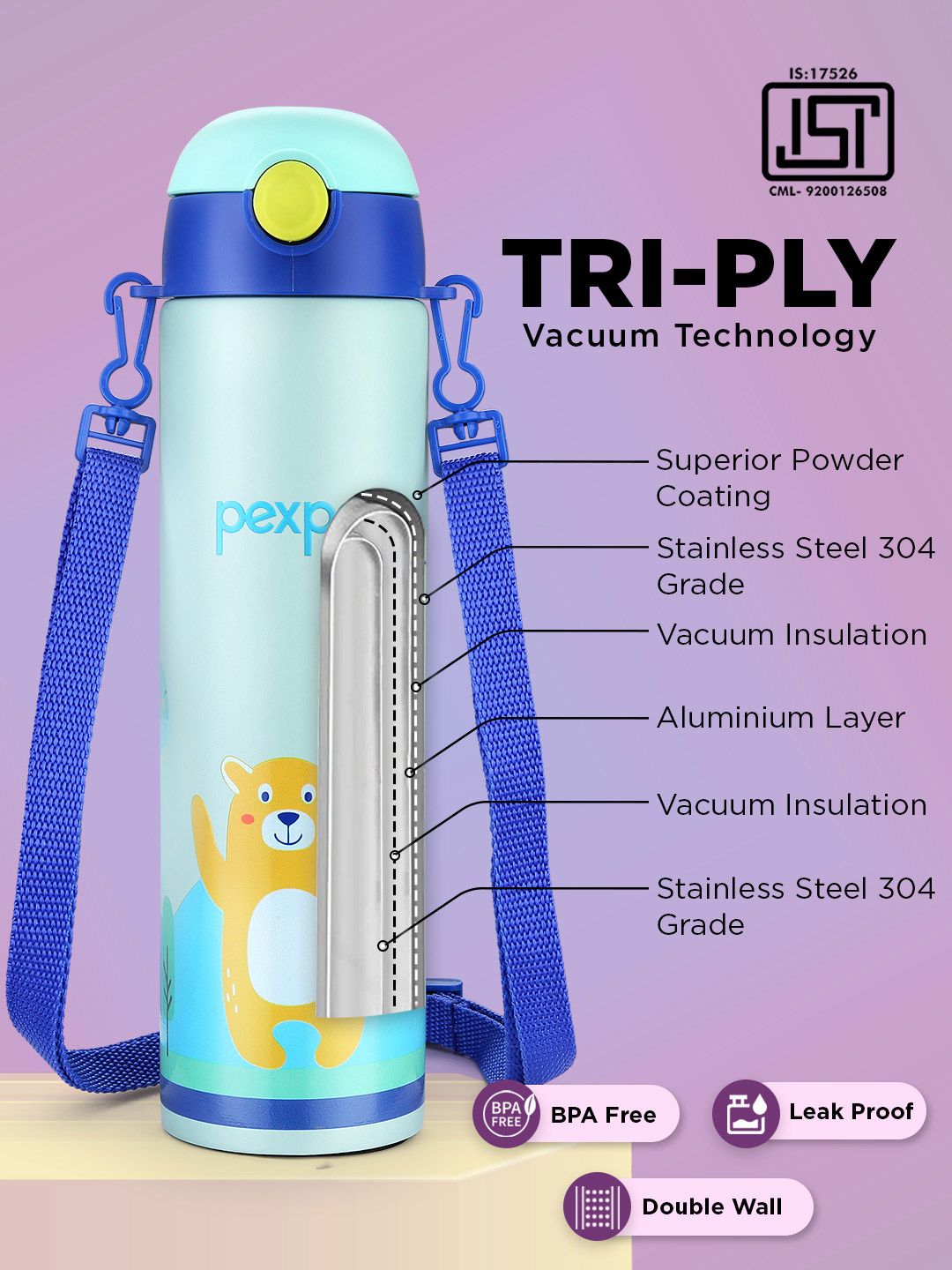 Pexpo Sea Green & Blue Printed Stainless Steel Double Wall Vacuum Water Bottle-470ml