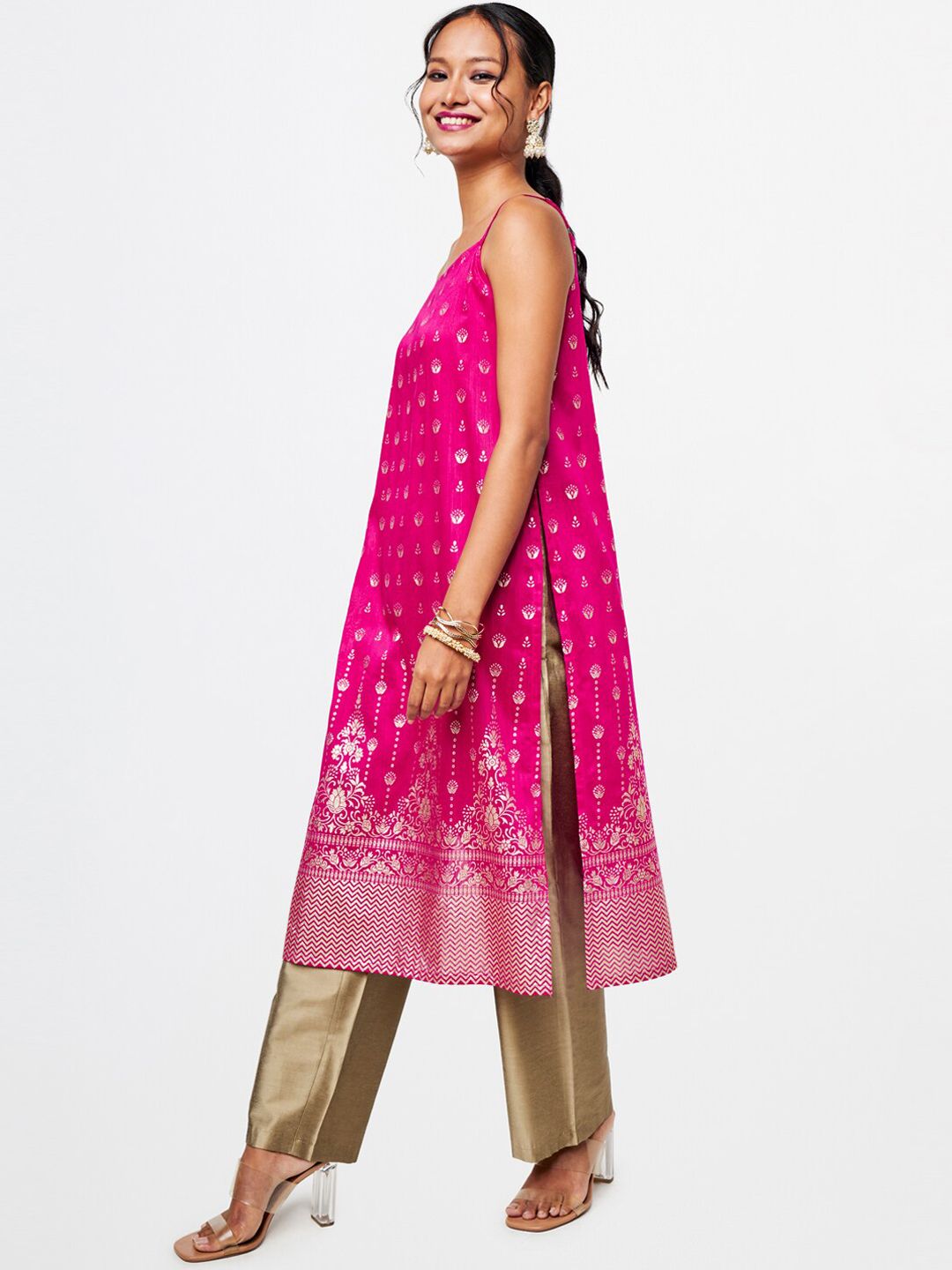 Global Desi Floral Printed Thread Work Kurta