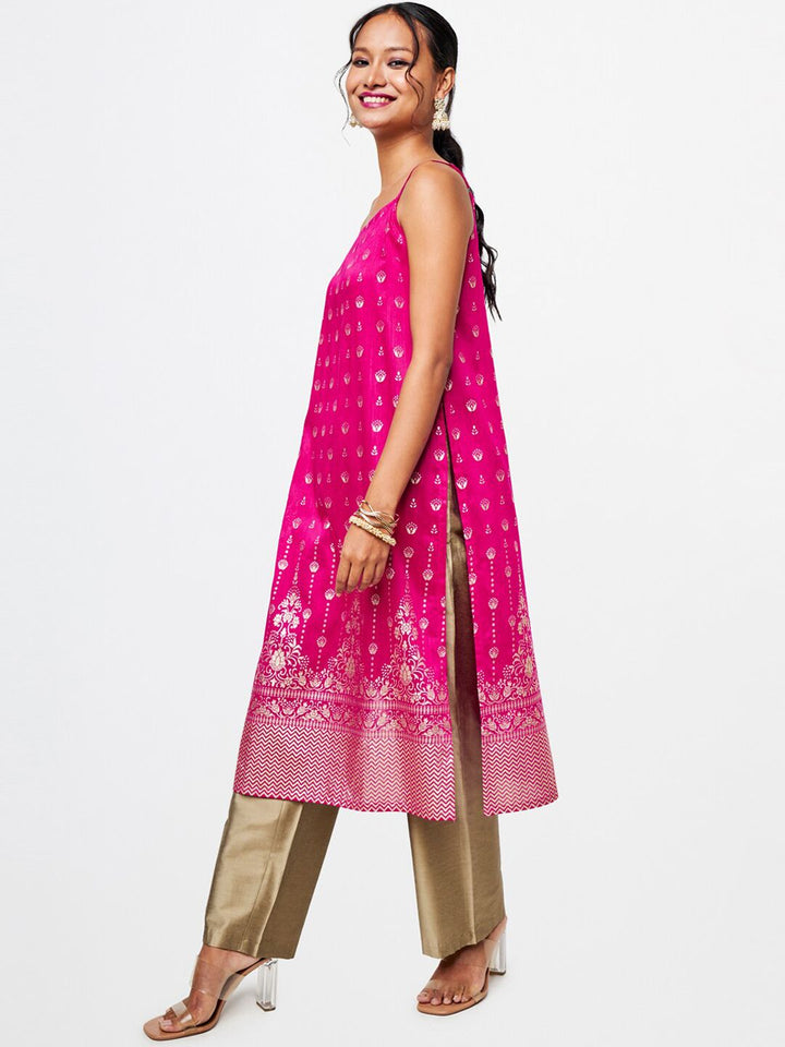Global Desi Floral Printed Thread Work Kurta