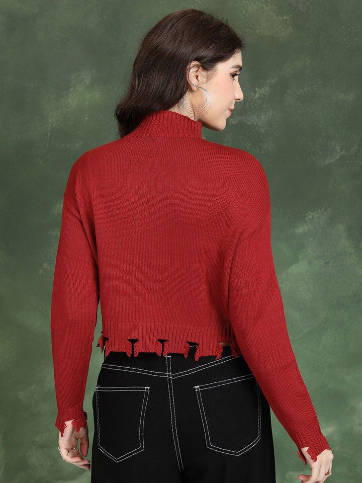 Tokyo Talkies Red High Neck Acrylic Crop Pullover