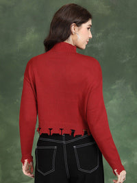 Tokyo Talkies Red High Neck Acrylic Crop Pullover