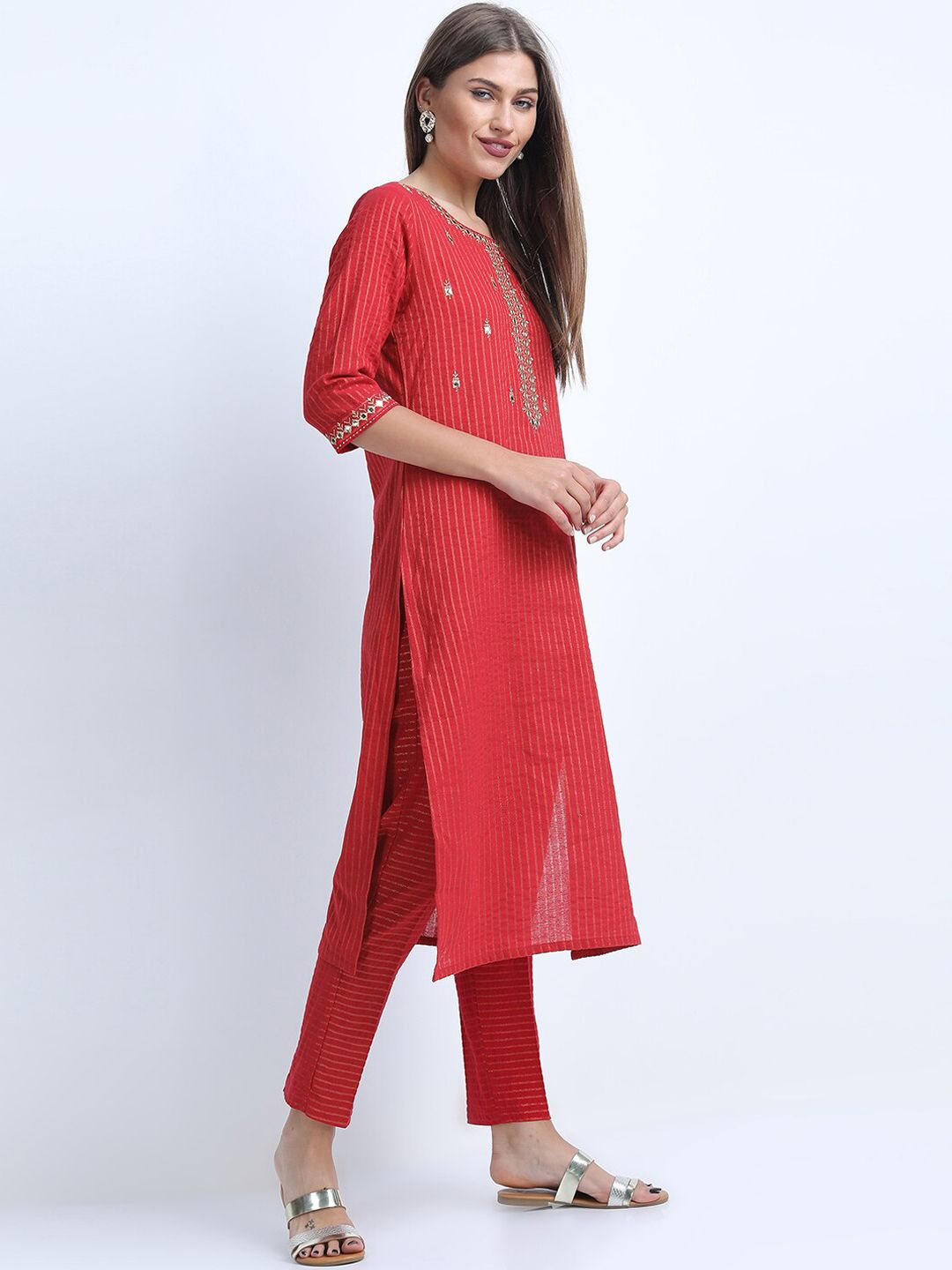 Vishudh Women Red Embroidered Pure Cotton Kurta with Trousers